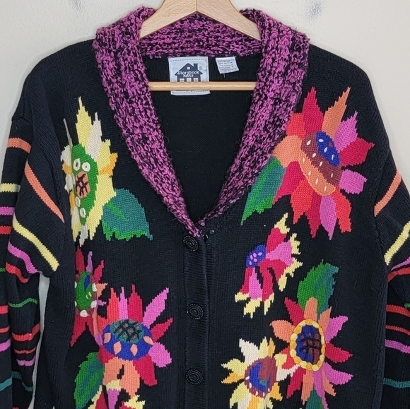Storybook Knits | Colorful Floral Cardigan Sweater with Striped Sleeves Size 1X - Picture 6 of 6